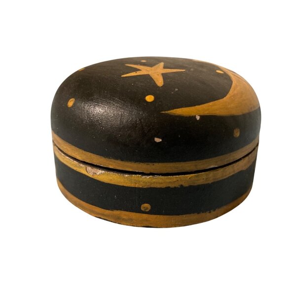 Celestial Moon And Stars Hand Painted Round Wood Trinket Box - Picture 4 of 8